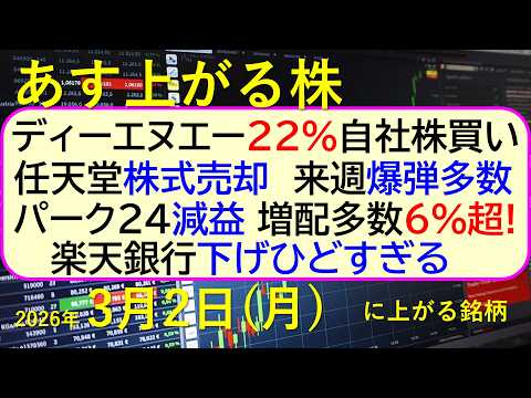 ディーエヌエー22％自社株買い。任天堂、株式売却。楽天銀行下げひどすぎる。パーク２４減益。増配６％超～あす上がる株　2… サムネイル