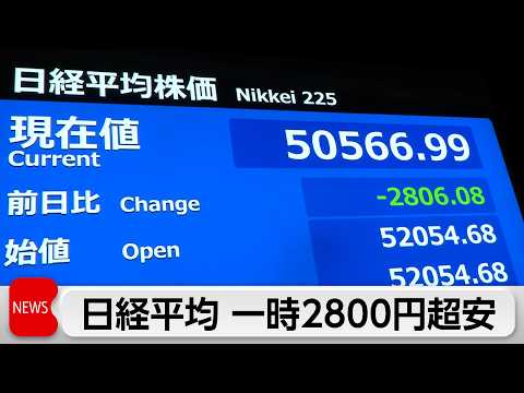 株価3日続落　終値は5万1885円　イラン情勢や原油高止まり警戒