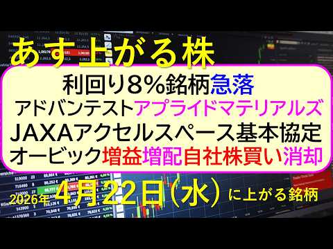 利回り８％銘柄急落。アドバンテストとアプライドマテリアルズ。ＪＡＸＡとアクセルスペース。オービック～あす上がる株　20… サムネイル