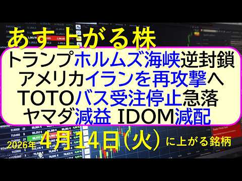 トランプ大統領、ホルムズ海峡を逆封鎖し、イラン再攻撃検討。TOTO、バス受注停止し急落。～あす上がる株　2026年４月… サムネイル