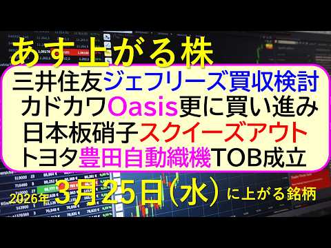 三井住友、ジェフリーズ買収検討。カドカワOasis更に買い進み。日本板硝子スクイーズアウト。～あす上がる株　2026年…