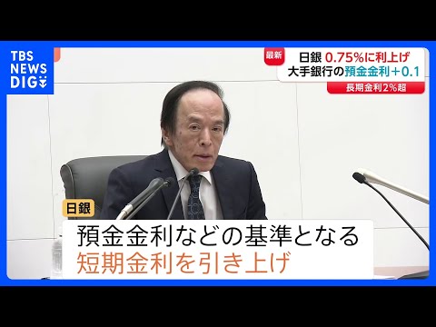 【30年ぶりの水準】日銀 政策金利を0.75％に引き上げ　大手銀行では早速“預金金利引き上げ”の動き｜TBS NEWS… サムネイル