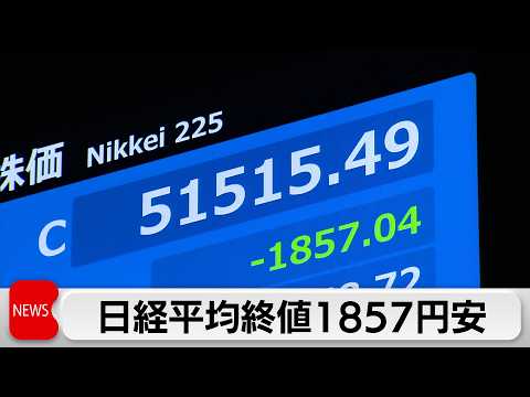 日経平均終値1857円安　一時2600円超安 中東紛争でリスク回避