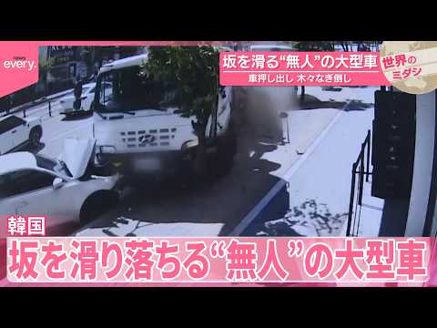 【韓国】坂を滑る“無人”の大型車  車押し出しながら木々なぎ倒し…『世界のミダシ』 サムネイル
