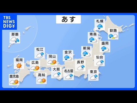 【太平洋側を中心に天気は回復へ】朝は東海中心に激しい雨の恐れも…北海道では積雪となる所も　気温は25℃以上も夜は北風で… サムネイル