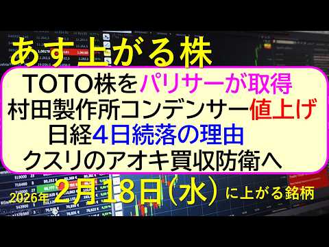 ＴＯＴＯ株をパリサーが取得。日経４日続落の理由。クスリのアオキ買収防衛へ。村田製作所コンデンサー値上げ。～あす上がる株… サムネイル