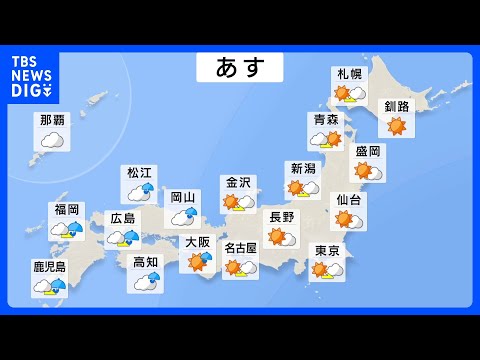 【あすの天気】西から下り坂 九州から中国・四国で雨　関東は晴れ　全国的に暖かく東京は17℃予想｜TBS NEWS DIG