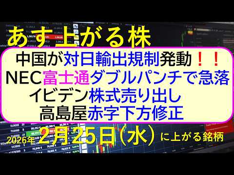 中国が対日輸出規制発動。NEC富士通ダブルパンチで急落。イビデン株式売り出し。高島屋赤字下方修正。～あす上がる株　20… サムネイル