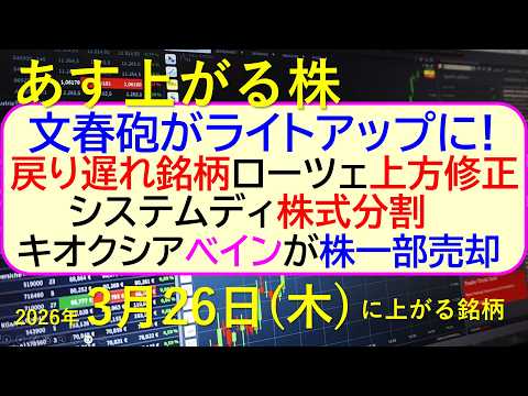 文春砲がライトアップに。戻り遅れ銘柄。ローツェ上方修正。キオクシアベイン売却。システムディ株式分割～あす上がる株　20…