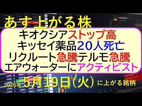 キッセイ薬品、２０人死亡。キオクシア、ストップ高。リクルート急騰。エアウォーターにアクティビスト～あす上がる株　202… サムネイル