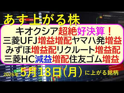 キオクシア、超絶好決算！三菱ＵＦＪ増益増配。みずほ増益増配。三菱ＨＣ減益増配。ヤマハ発動機増益。～あす上がる株　202…