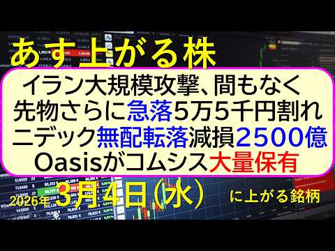イラン大規模攻撃、間もなく。先物さらに急落、5万5千円割れ。ニデック無配転落減損対象2500億円。～あす上がる株　20… サムネイル