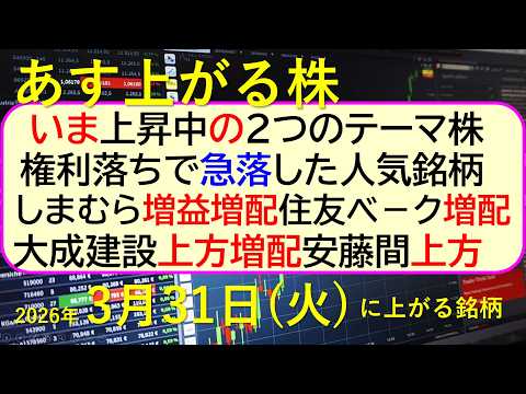 いま上昇中２テーマ株。権利落ちで急落した人気銘柄。しまむら増益増配。住友ベ増配。大成建設上方増配～あす上がる株　202…