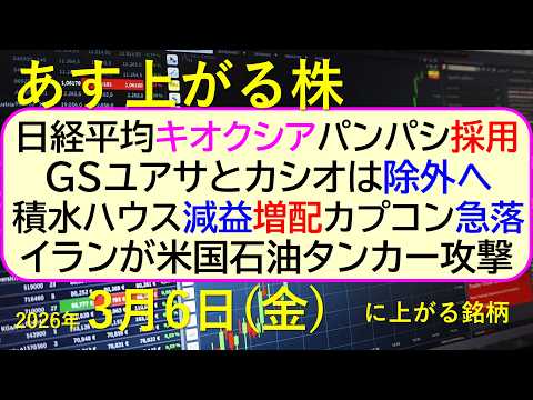 日経平均、キオクシアとパンパシ採用、GSユアサとカシオ除外。積水ハウス減益。イラン米国タンカー攻撃～あす上がる株　20… サムネイル