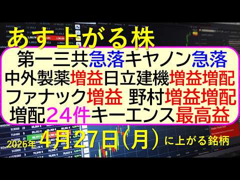 第一三共急落。キヤノン急落。中外製薬増益。日立建機増益増配。ファナック増益。キーエンス最高益～あす上がる株　2026年… サムネイル