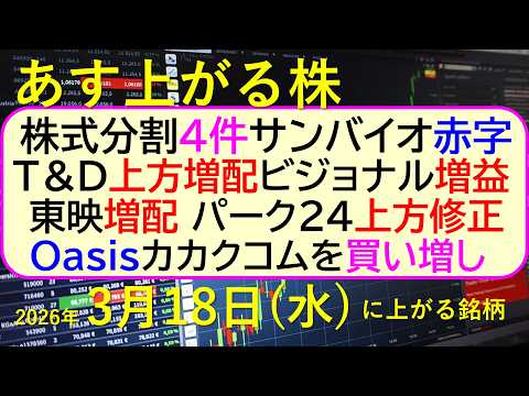 Ｔ＆Ｄ上方増配。ビジョナル増益。東映増配。パーク２４上方修正。株式分割が４件。サンバイオ赤字。～あす上がる株　2026…
