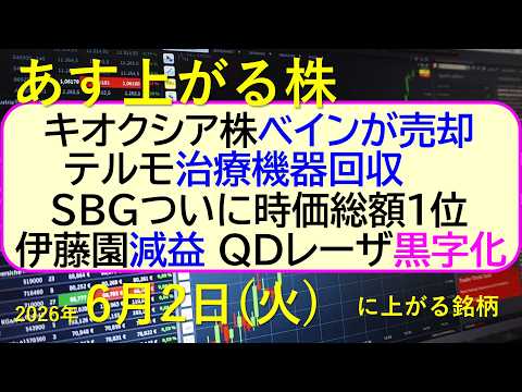 キオクシアをベインが売却。テルモ治療機器回収。SBGついに時価総額１位。伊藤園減益。QDレーザ黒字化～あす上がる株　2… サムネイル