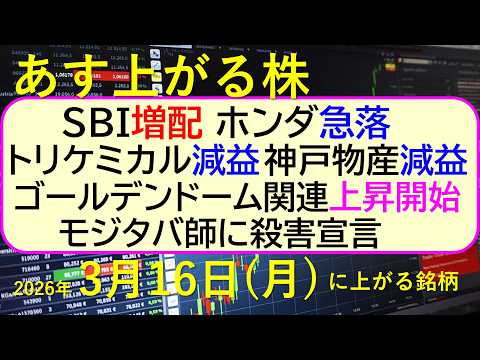 SBI増配。ホンダ急落。トリケミカル減益。神戸物産減益。ゴールデンドーム関連上昇開始。モジタバ師に～あす上がる株　20… サムネイル