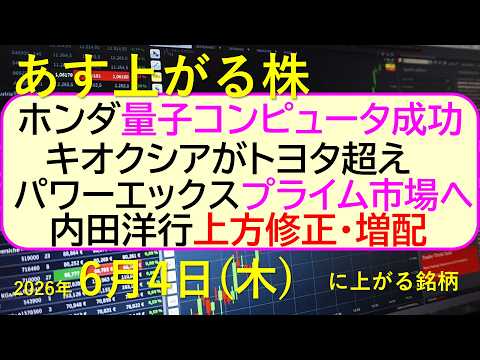 ホンダ量子コンピュータ成功。キオクシアがトヨタ超え。パワーエックスプライム市場。内田洋行上方修正増配～あす上がる株　2… サムネイル