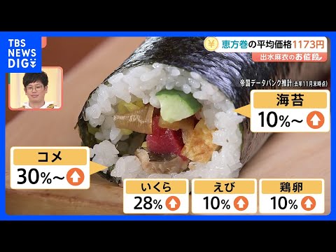 「恵方巻」今年の平均価格1173円 2年連続100円超値上がり　七福神にかけて7種類の具材が基本…コメは30％超、海苔… サムネイル