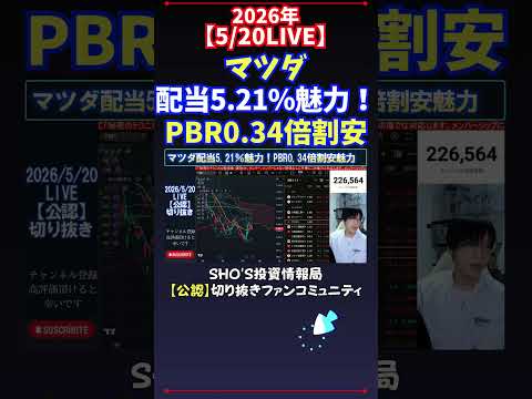 【5/20LIVE】マツダ配当5.21％魅力！PBR0.34倍割安 日経平均株価 投資 サムネイル