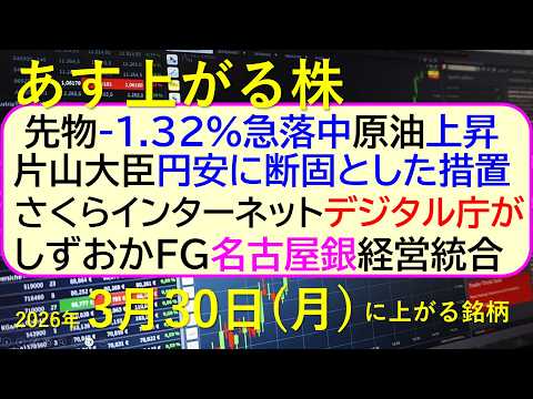 先物-1.32%急落中。原油上昇。片山大臣円安に断固とした措置。さくらインターネット、デジタル庁が～あす上がる株　20…