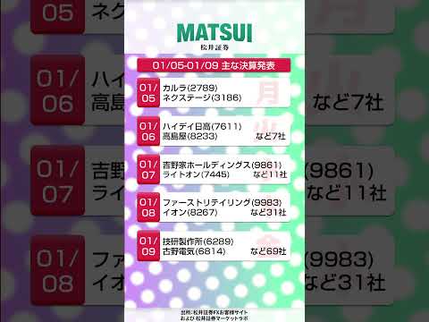 【1/5週 イベント】新年からイベント目白押し！決算はファストリ、吉野家など【松井証券】 日本株  投資  決算 sh… サムネイル