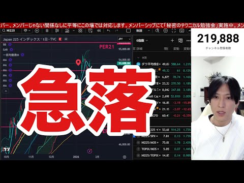 1/26【日本株急落続くか。ドル円１５３円に円高加速。日経平均900円急落で自動車株弱い】米国株、ナスダック、半導体株… サムネイル