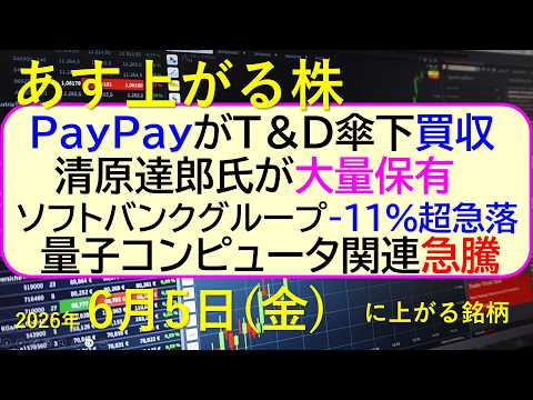 PayPayがＴ＆Ｄ傘下買収。清原達郎氏が大量保有。ソフトバンクグループ急落。量子コンピュータ急騰～あす上がる株　20… サムネイル